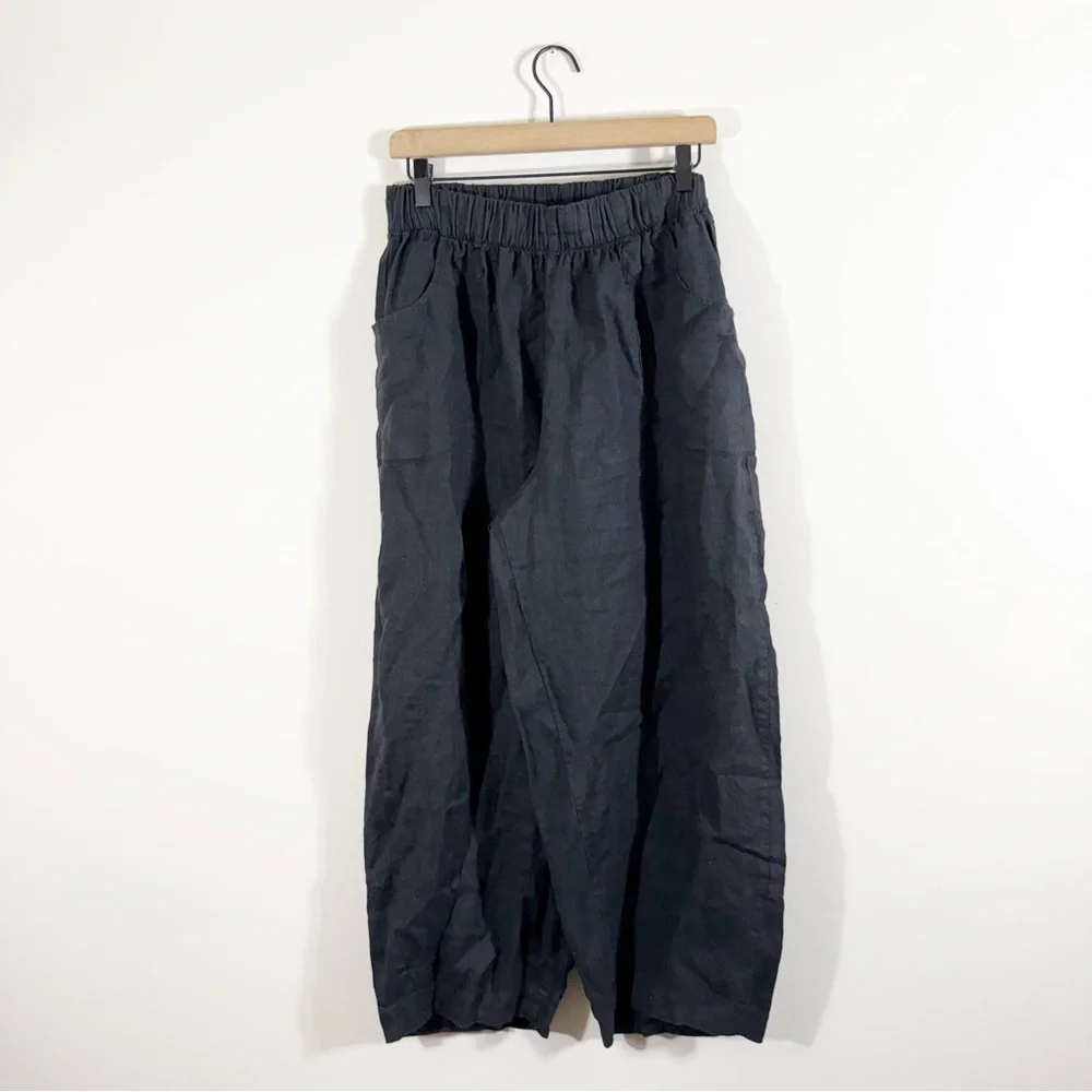 FLAX 100% Linen Wide Leg Pants Black Large - Picture 2 of 6